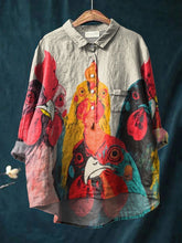 Women's Vintage Hand Painted Chicks Print Casual Cotton And Linen Shirt